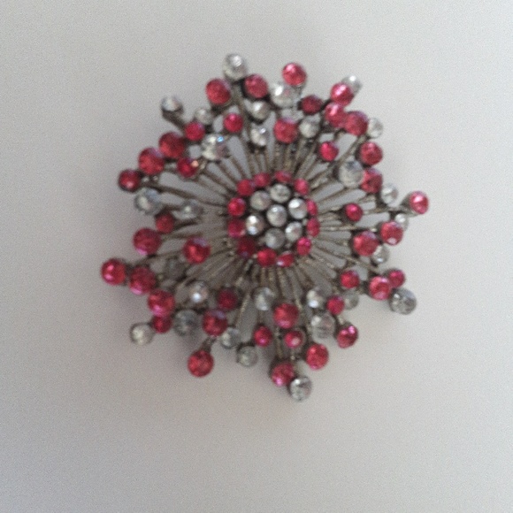Vintage Silver, Pink, and Rhinestone Sunburst